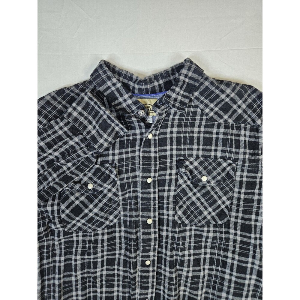 Roebuck & Co Shirt Men's Sz 2XL Black Plaid Flannel Pearl Snap Western Vintage